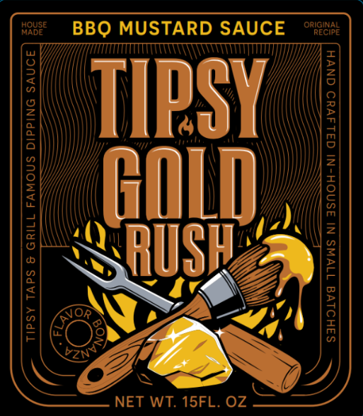 Tipsy Gold Rush BBQ mustard sauce label